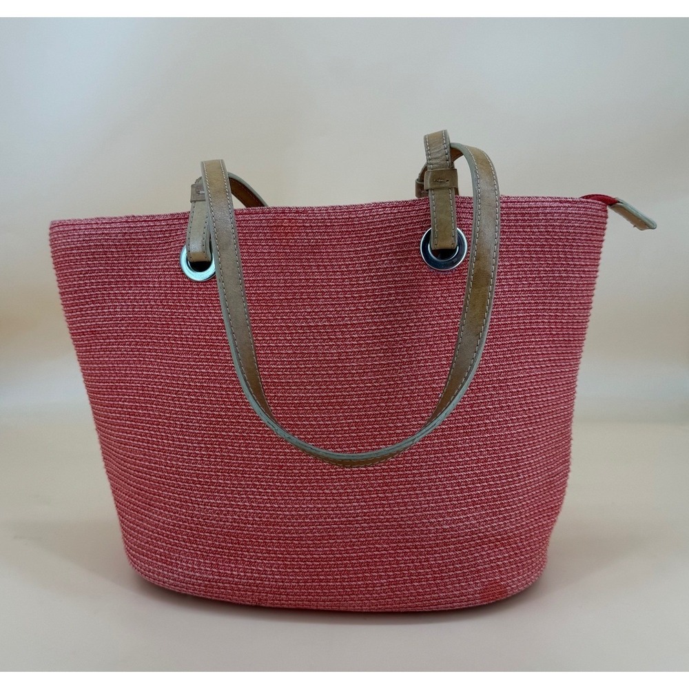 Talbots Woven Straw Tote Bag Women Large Red Pink Good Floral Lining Grommet